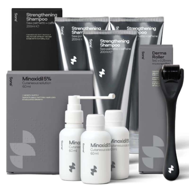 Sons Minoxidil 5% Spray (3x60ml), Hair Growth Shampoo (3x200ml) & 0.25mm Dermaroller for Men