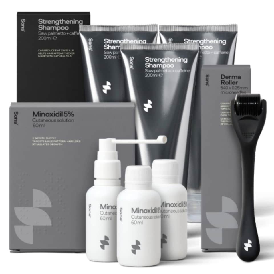 image 1 of Sons Minoxidil 5% Spray (3x60ml), Hair Growth Shampoo (3x200ml) & 0.25mm Dermaroller for Men