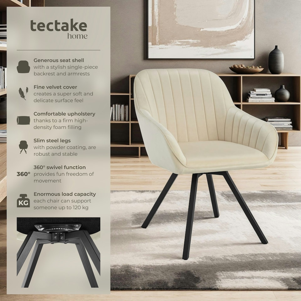 image 1 of Lounge Armchair Living Room Accent Chair 360 Swivel Slim Steel Legs Velvet Fabric  - Set of 2 Cream