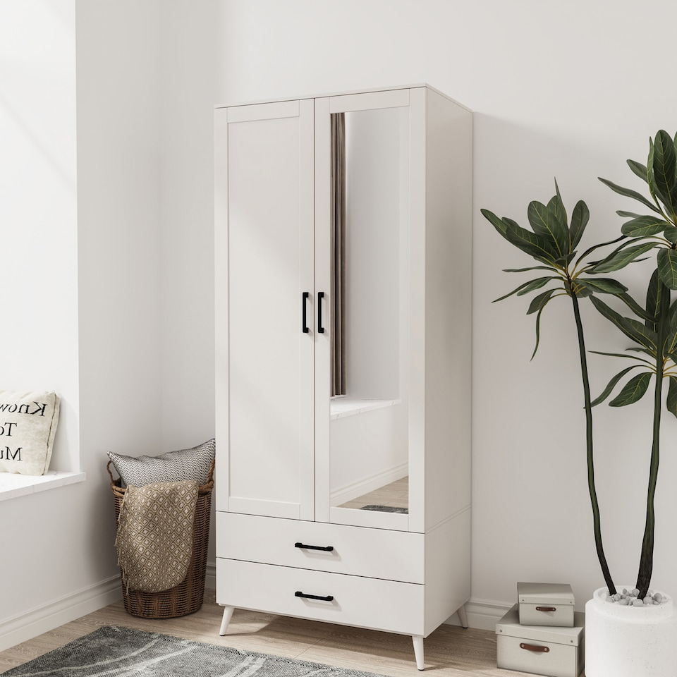 image 1 of 2-Door 2-Drawer Mirror Wardrobe with Legs | White | White & White | 55 x 9.5 x 149 | 1