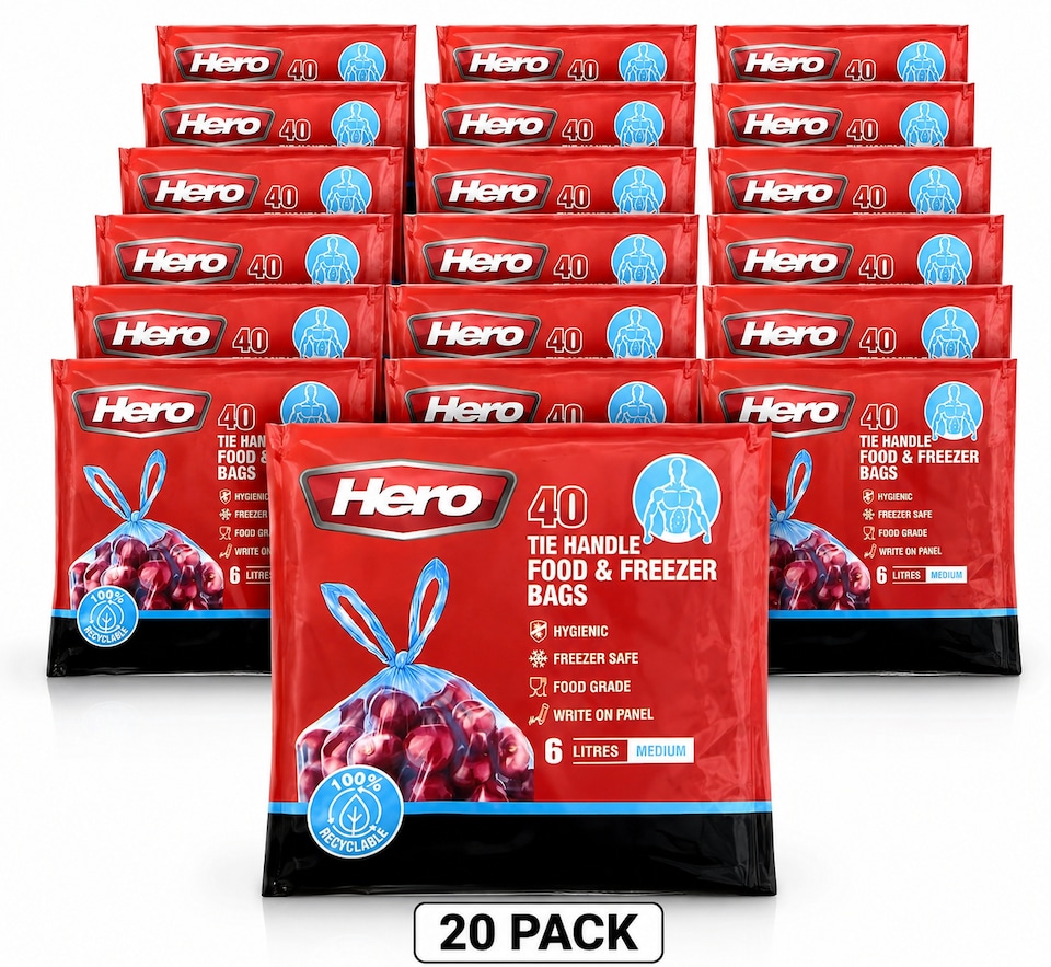 image 1 of Hero Tie Handle Food Storage Bags 6L Pack of 40 Reusable BPA Free Freezer & Sandwich Bags with Airtight Seal for Fruits, Vegetables, Meat and Grains