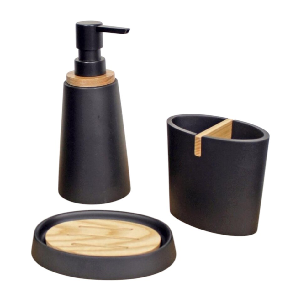 image 1 of Showerdrape Sonata Black & Bamboo 3 Piece Bathroom Accessory Set | Black | Black | 1