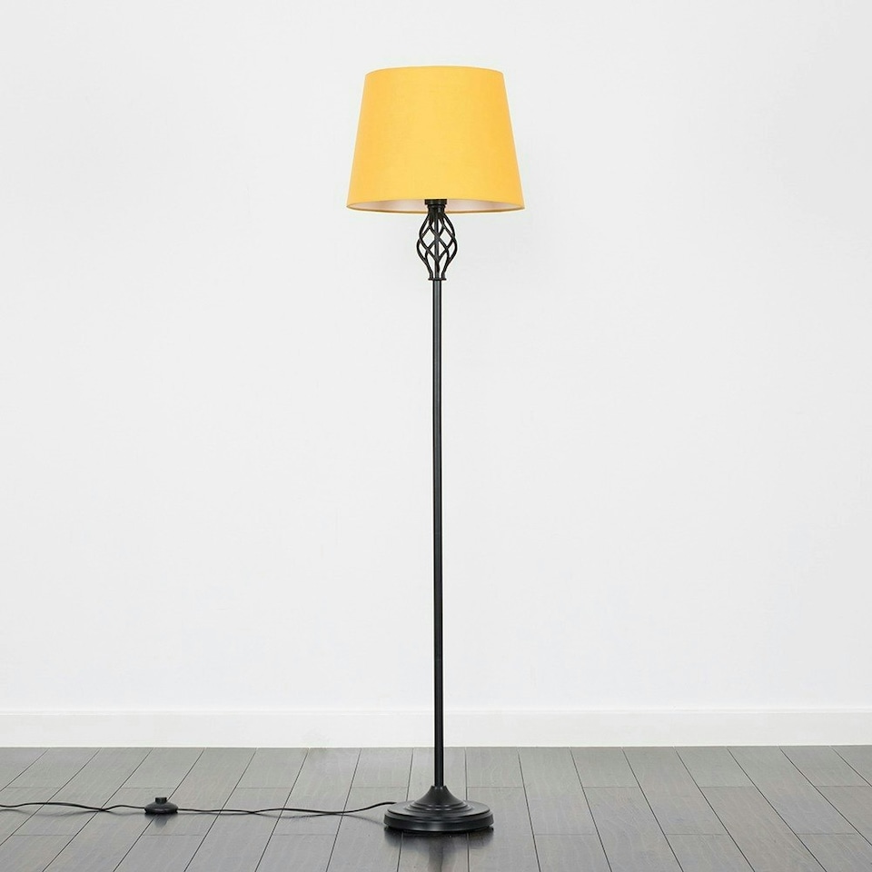 image 1 of ValueLights Traditional Style Black Barley Twist Floor Lamp With Mustard Light Shade