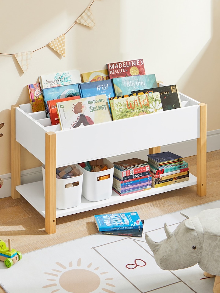 image 1 of SoBuy Children's Bookcase with 4 Compartments & Bottom Shelf, White/Natural, 33.5x16.5x17.7 inches, 12.8 kg - KMB35-W