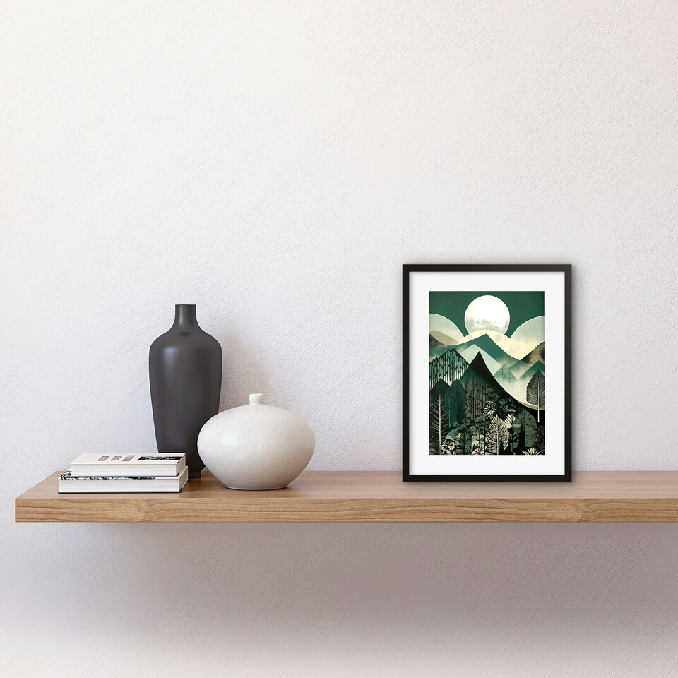 image 1 of Full Moon Over Mountain Forest Mid Century Sage Green 9x7" Black Framed Wall Art Print