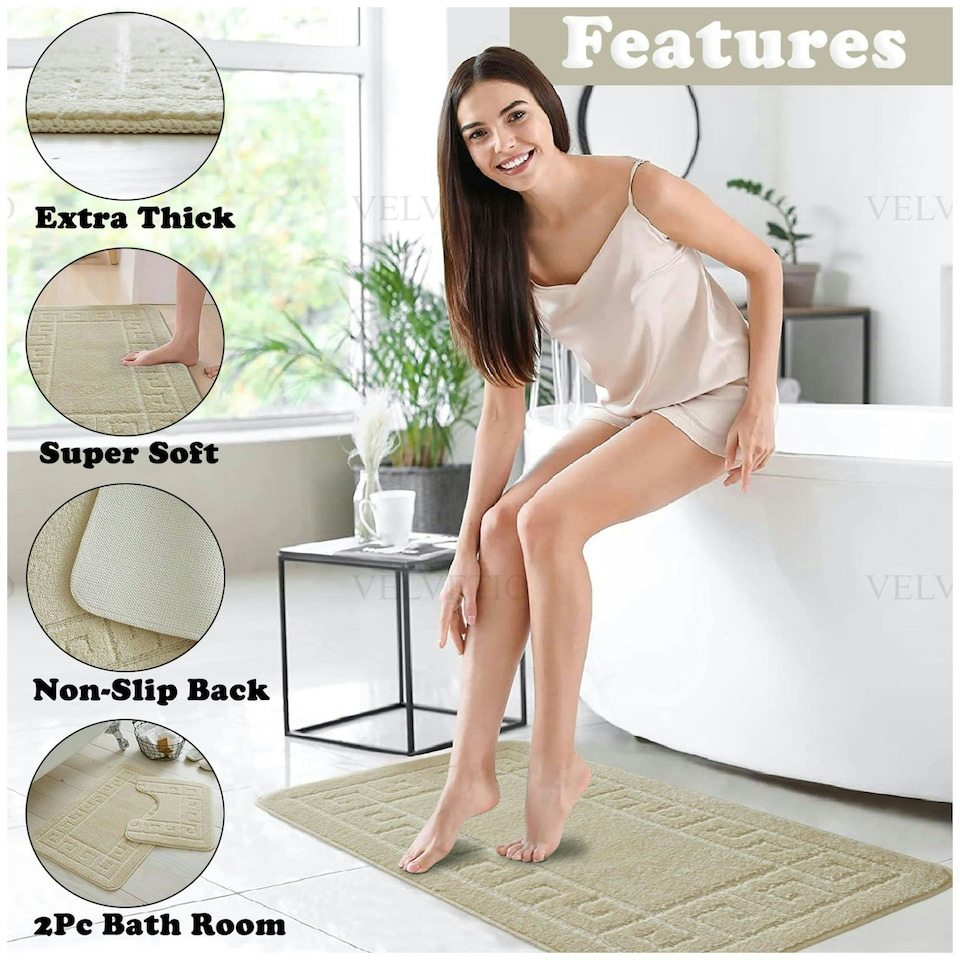 image 1 of VELVETIO Greek Bath Mat & Pedestal Mat Water Absorbent Non Slip Toilet Rugs Cream