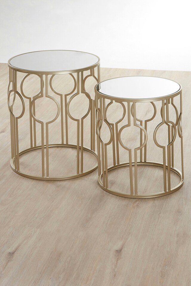 image 1 of Set of 2 Circle Design Champagne Tables,Modern Round Stackable Sofa Side Tables,Mirrored Top End Tables | Gold