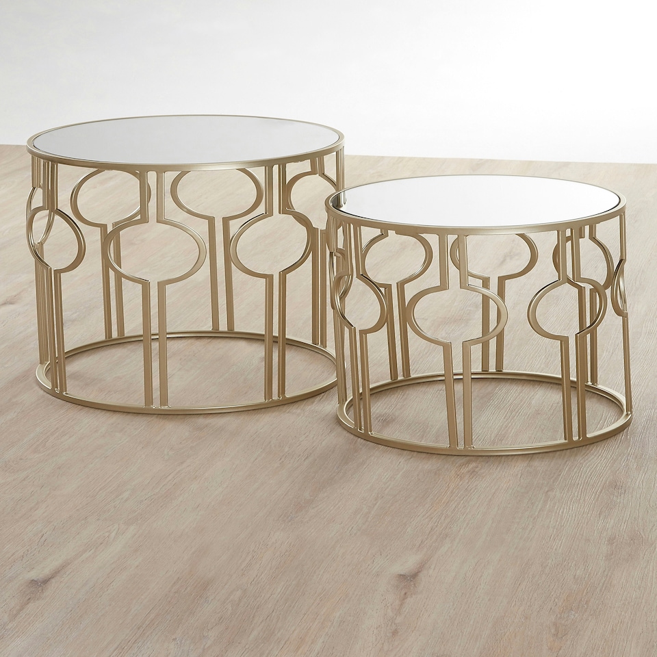 image 1 of Set of 2 Circle Design Champagne Tables,Modern Round Stackable Sofa Side Tables,Mirrored Top End Tables Gold