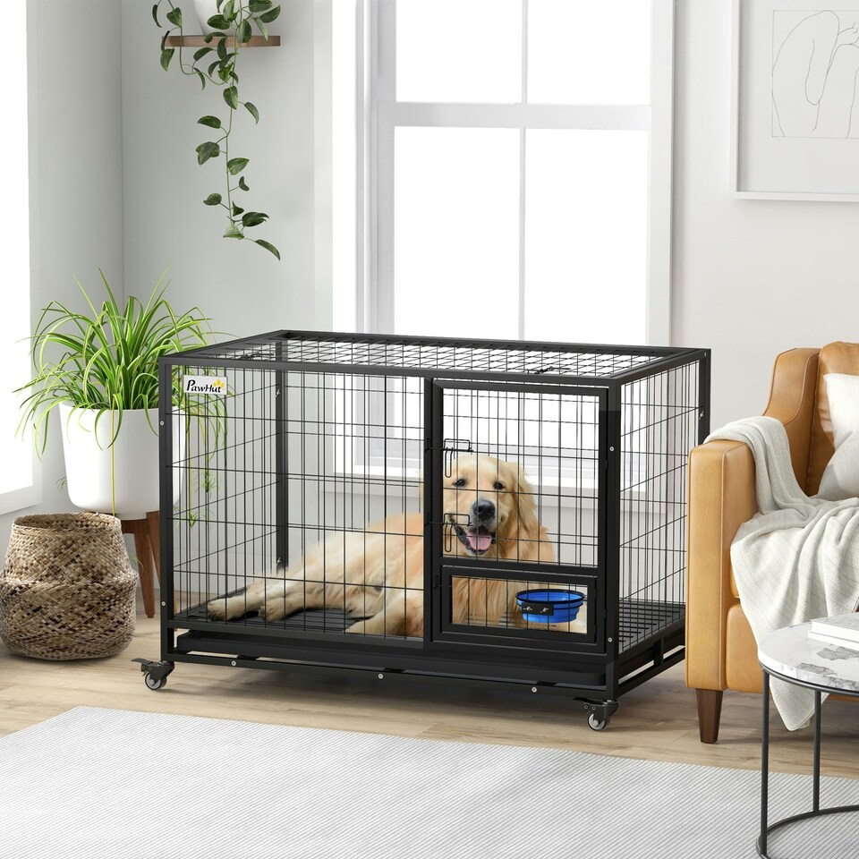 image 1 of PawHut 48" Heavy Duty Dog Crate on Wheels w/ Bowl Holder, Removable Tray
