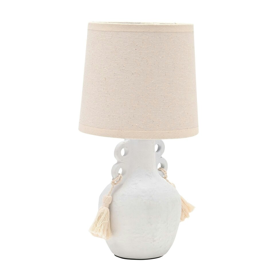 image 1 of Hestia Stone Finish Vase Lamp with Tassels White
