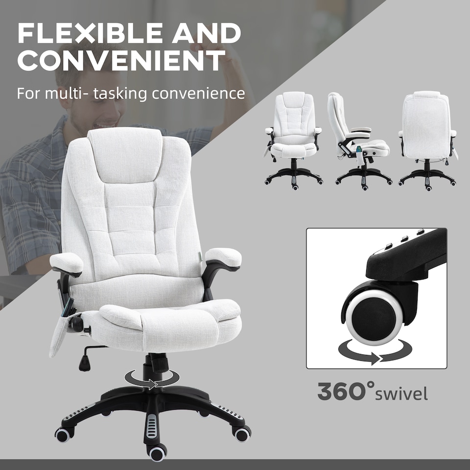 image 1 of Vinsetto Office Chair, Ergonomic Desk Chair with 6-Point Massage and Back Heated, Linen-Feel Fabric Computer Gaming Chair with Arms, Lumbar Support, Cream White
