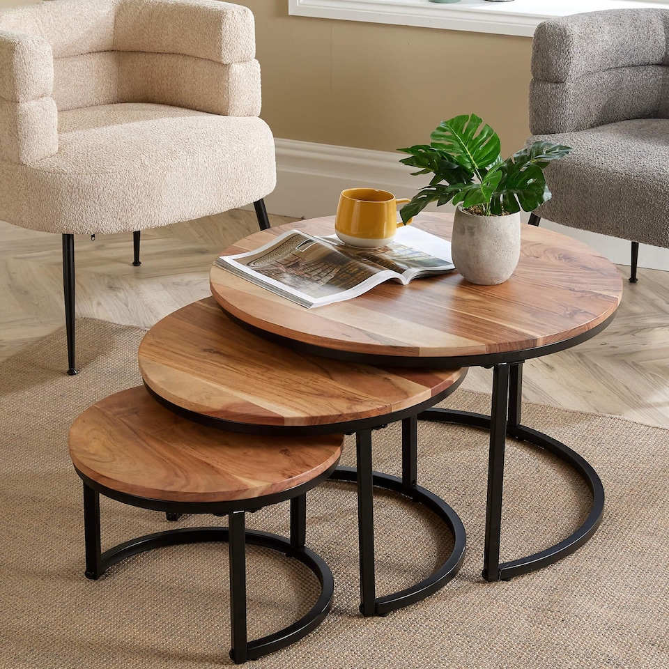 image 1 of Nest 3 Tables Solid Acacia Wooden Top Home Compact Furniture Design Living Room
