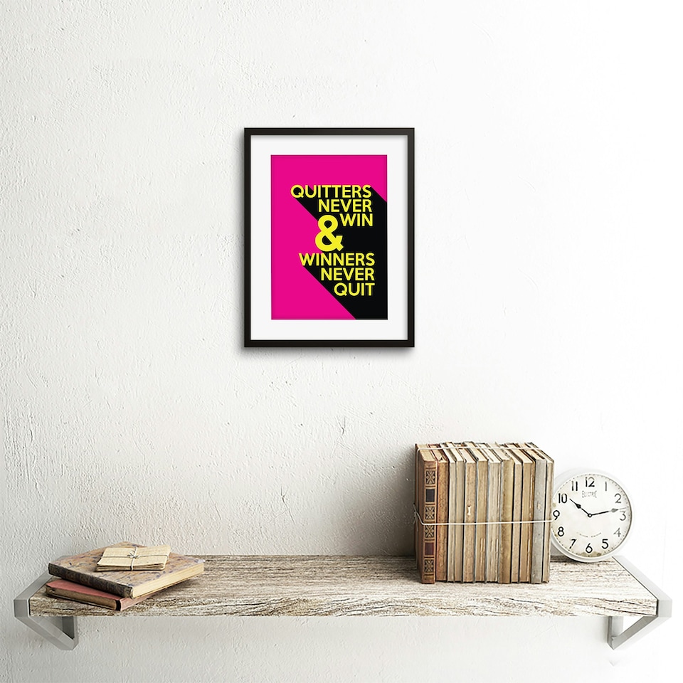 image 1 of Quitters Never Win Motivation Quote Pink Yellow 9x7" Black Framed Wall Art Print