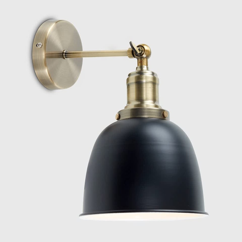 image 1 of ValueLights Antique Brass Adjustable Knuckle Joint Wall Light With Gloss Black Dome Shade