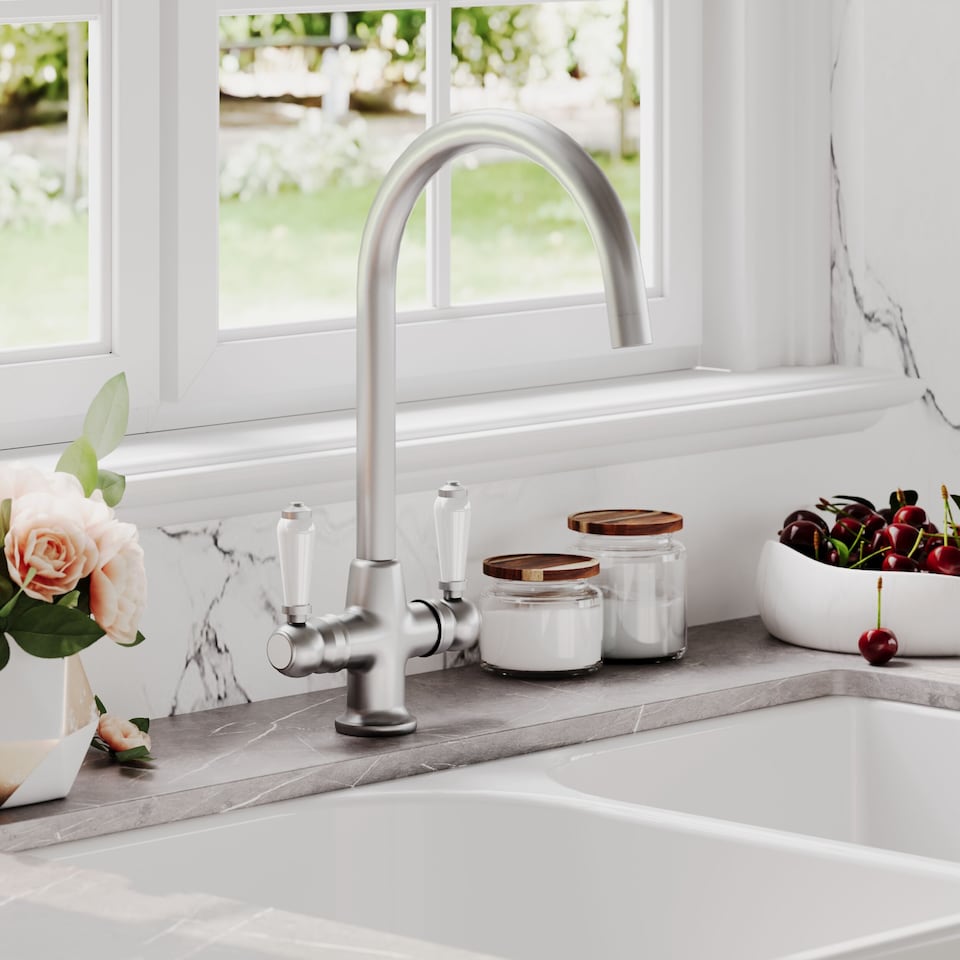 image 1 of Traditional Kitchen Sink Mono Mixer Tap, Brushed Nickel White Lever | Silver | Brushed Nickel | 1