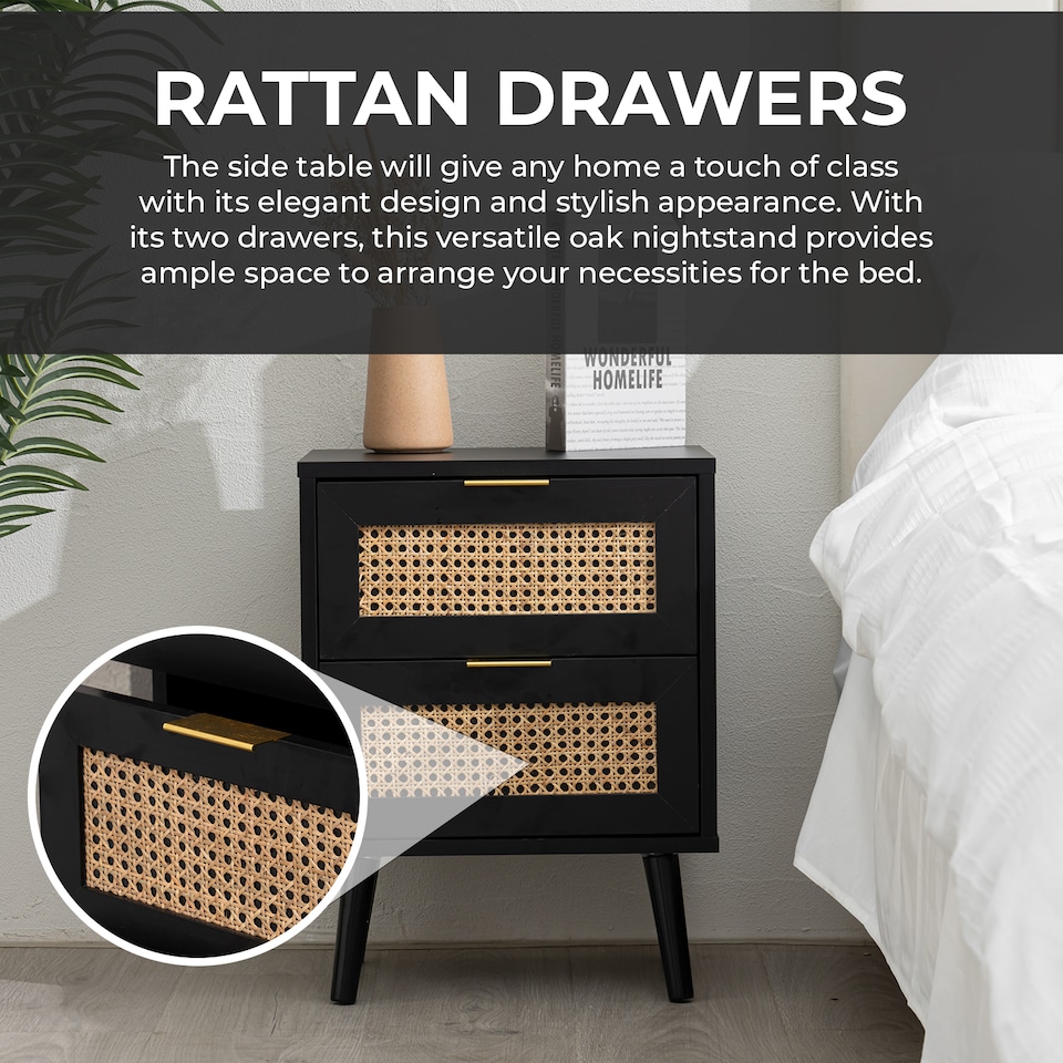 image 1 of Modern Black Rattan Bedside Table with 2 Drawers - Bedside Cabinet for Bedroom & Living Room (W40 x D30 x H52cm)