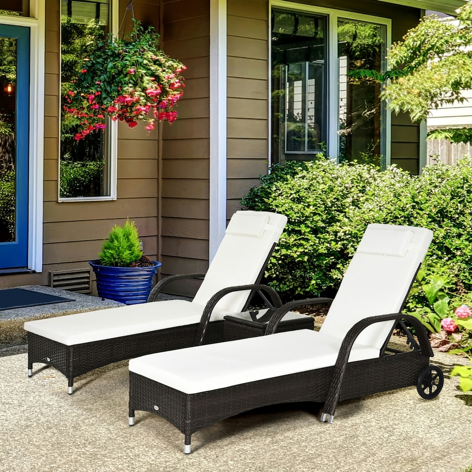 image 1 of Outsunny 3 PCS Rattan Lounger Recliner Bed Garden Furniture Set w/ Side Table