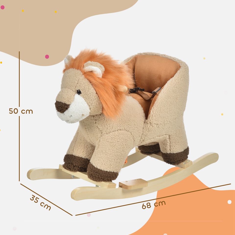 image 1 of HOMCOM Kids Rocking Lion Plush Ride On with Sound Wood Base Seat Belt, Brown