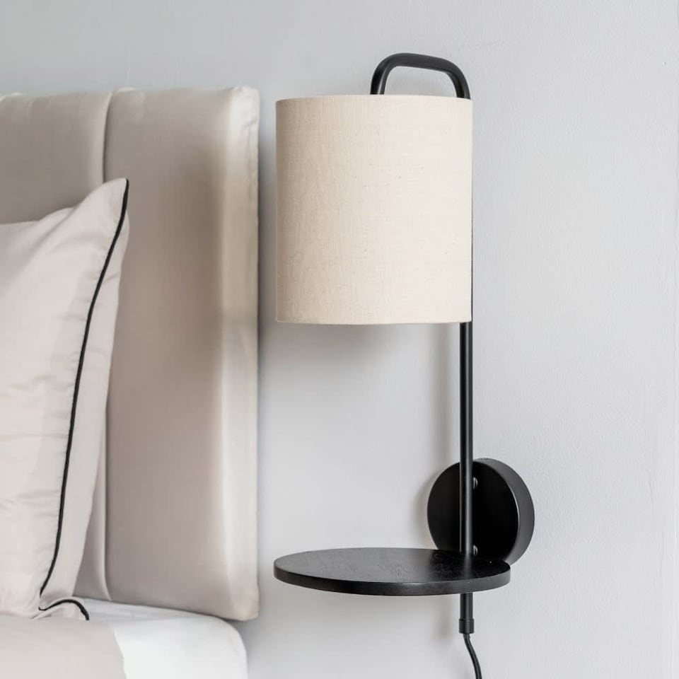 image 1 of ValueLights Ryan Natural Shade Black Metal Wall Light Wood Shelf & Bulb | Black