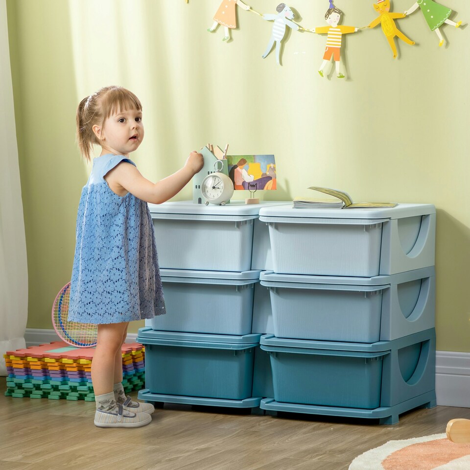 image 1 of HOMCOM Kids Storage Unit Toy Box Vertical Dresser with Six Drawers Blue | 75 x 37 x 56.5cm