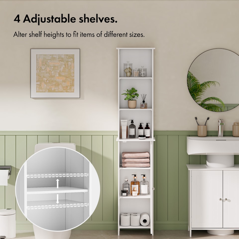 image 1 of VonHaus Holbrook White Freestanding Tall Bathroom Storage Cabinet with 6 Shelves