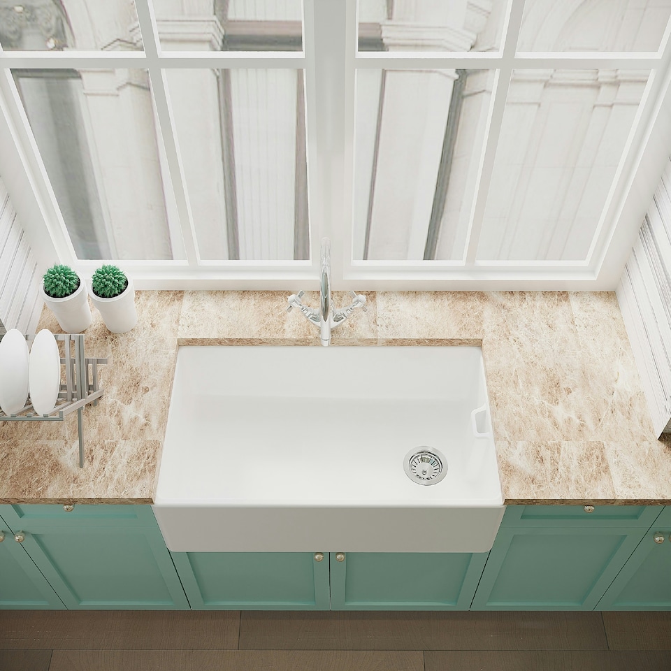 image 1 of Fireclay Belfast Kitchen Sink with Overflow, Mono Sink Mixer Tap & Waste, 795mm