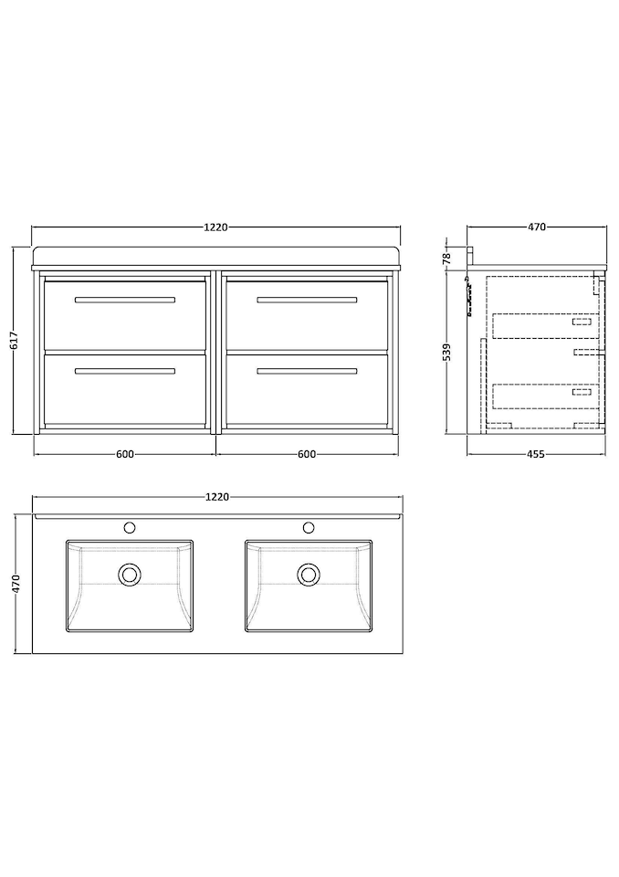 image 1 of Balterley Wall Hung 4 Drawer Vanity Unit with Double Marble Basins | Green | Reed Green | 617 x 1220 x 470mm