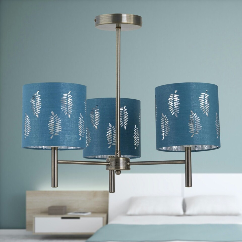 image 1 of Brea - Antique Brass 3 Light Fitting with Teal Fern Shades Bronze | Green