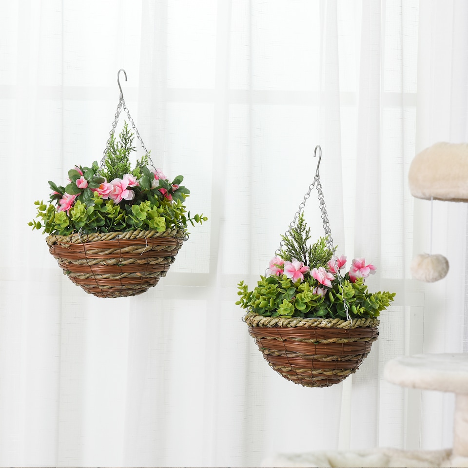 image 1 of Outsunny Pack of 2 FauPlant Artificial Lisianthus Flowers Hanging Planter with Basket for Indoor Decoration, Pink