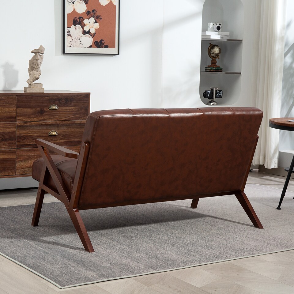 image 1 of HOMCOM Compact 2 Seater Sofa, Vintage Tufted Loveseat Sofa with Solid Wood Legs, PU Leather Small Couch Settee for Living Room, Bedroom, Home Office, 133 x 81 x 78.5 cm, Brown