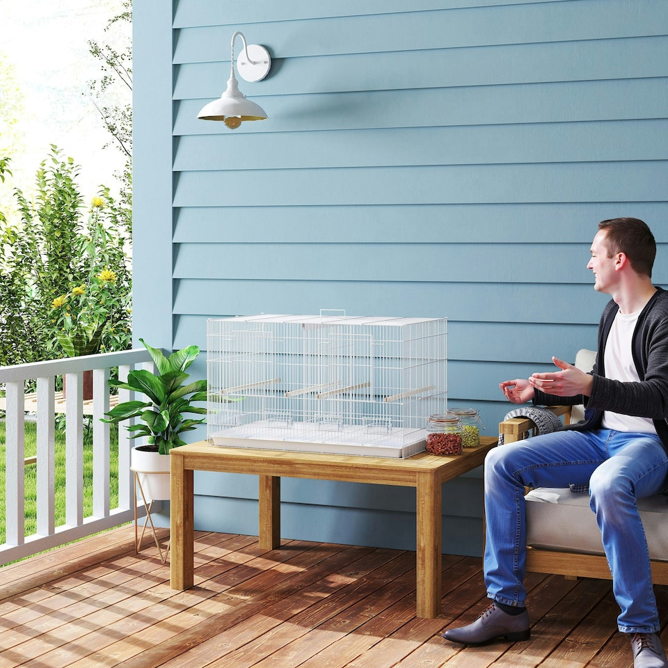 image 1 of PawHut Bird Cage with Divider, 4 Wooden Perches, Slide Out Tray, White