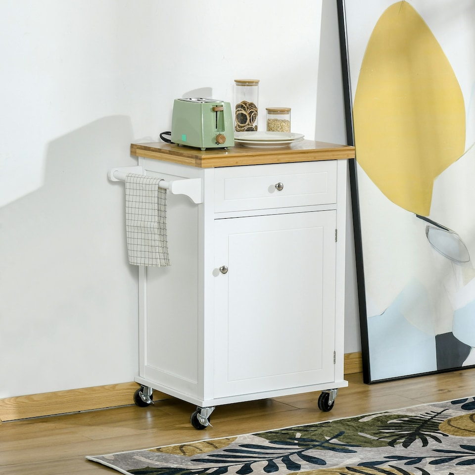 image 1 of HOMCOM Rolling Kitchen Cart Storage Trolley with Drawer Towel Rail White
