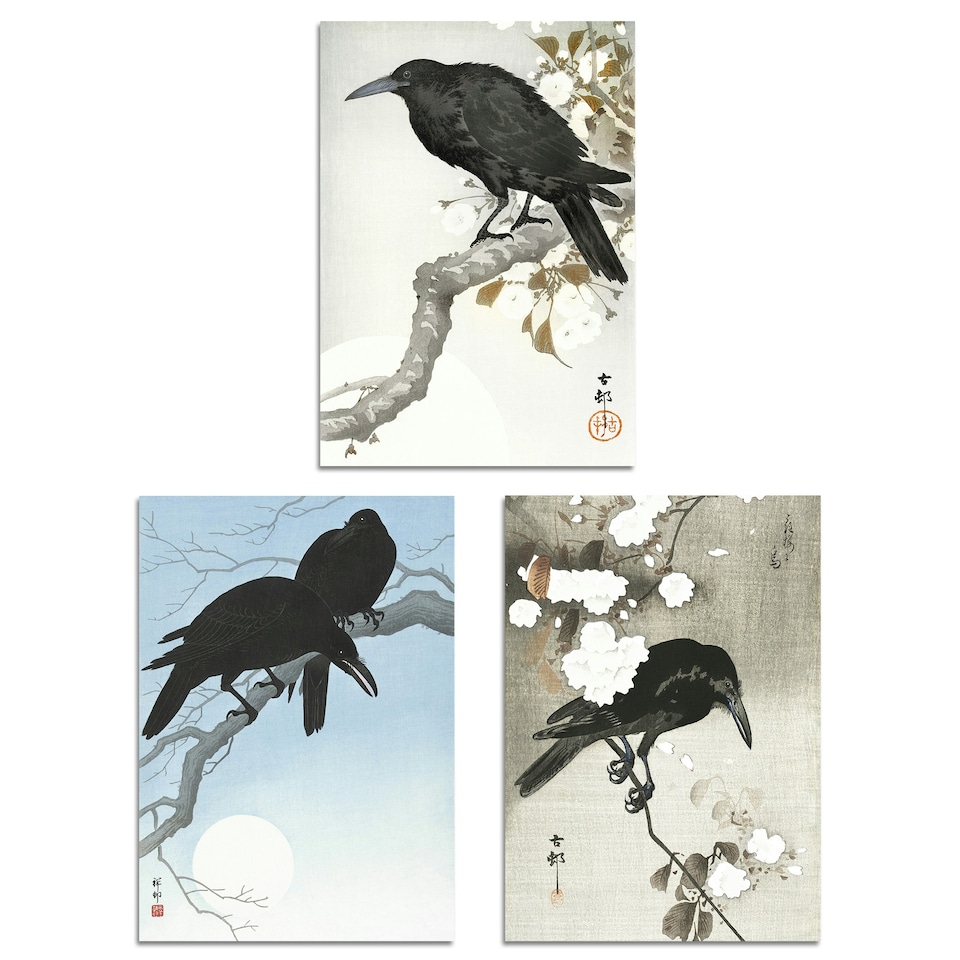 image 1 of Set of 3 Ohara Koson Crows Black White Blue Japanese A4 Wall Art Prints | Multi