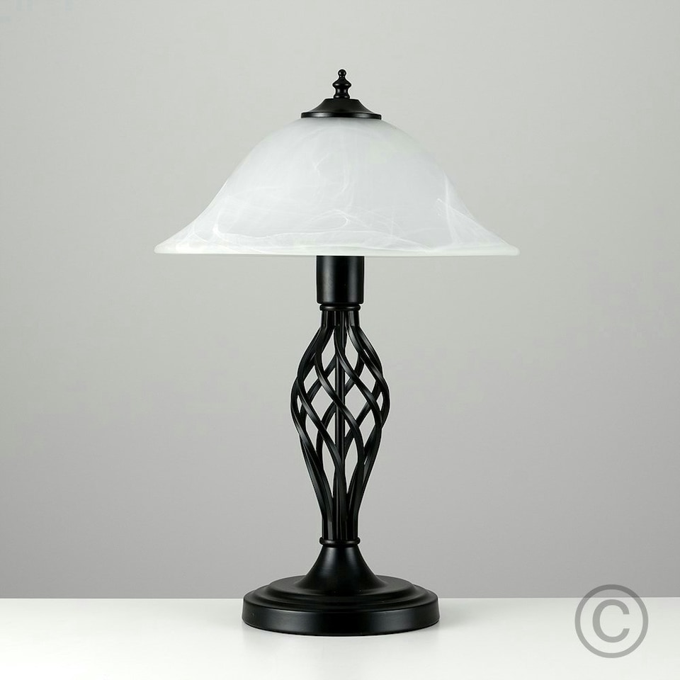 image 1 of ValueLights Memphis Pair of - Satin Black Barley Twist Table Lamps with Frosted Alabaster Shade and LED Bulb