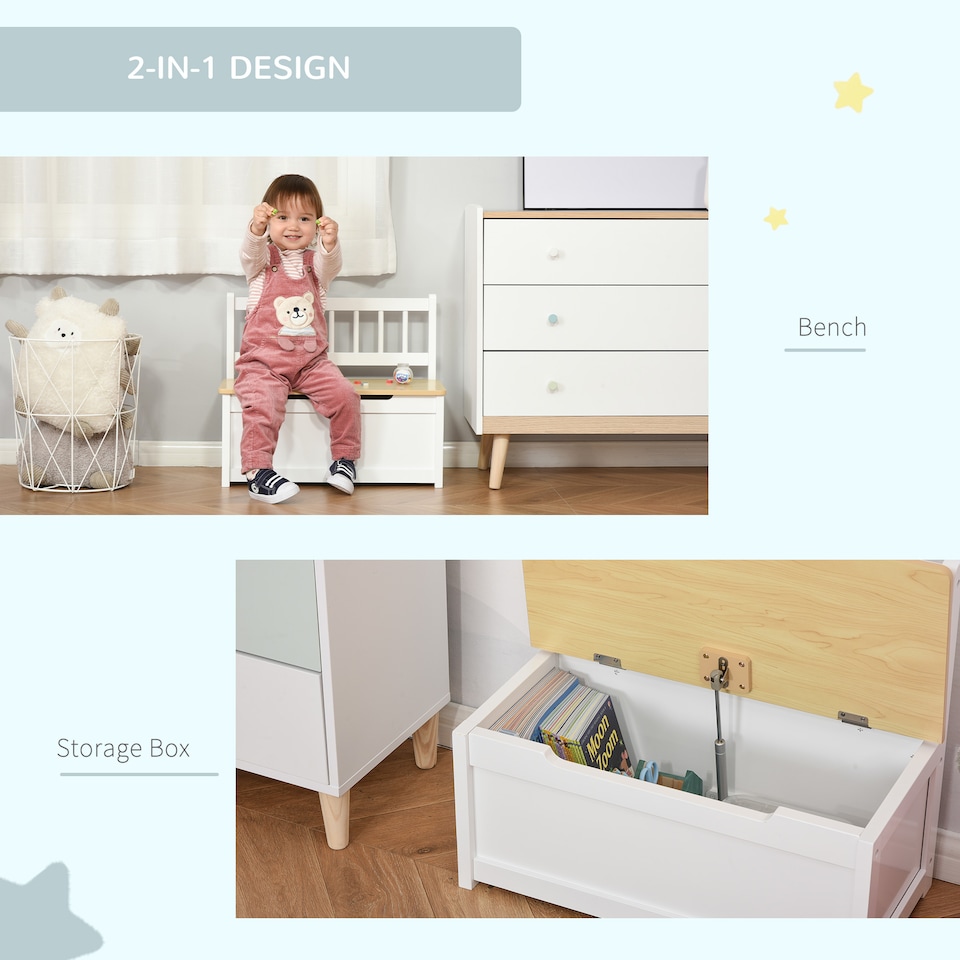 image 1 of HOMCOM 2 In 1 Wooden Toy Box, Seat Bench Storage Chest w/ Pneumatic Rod