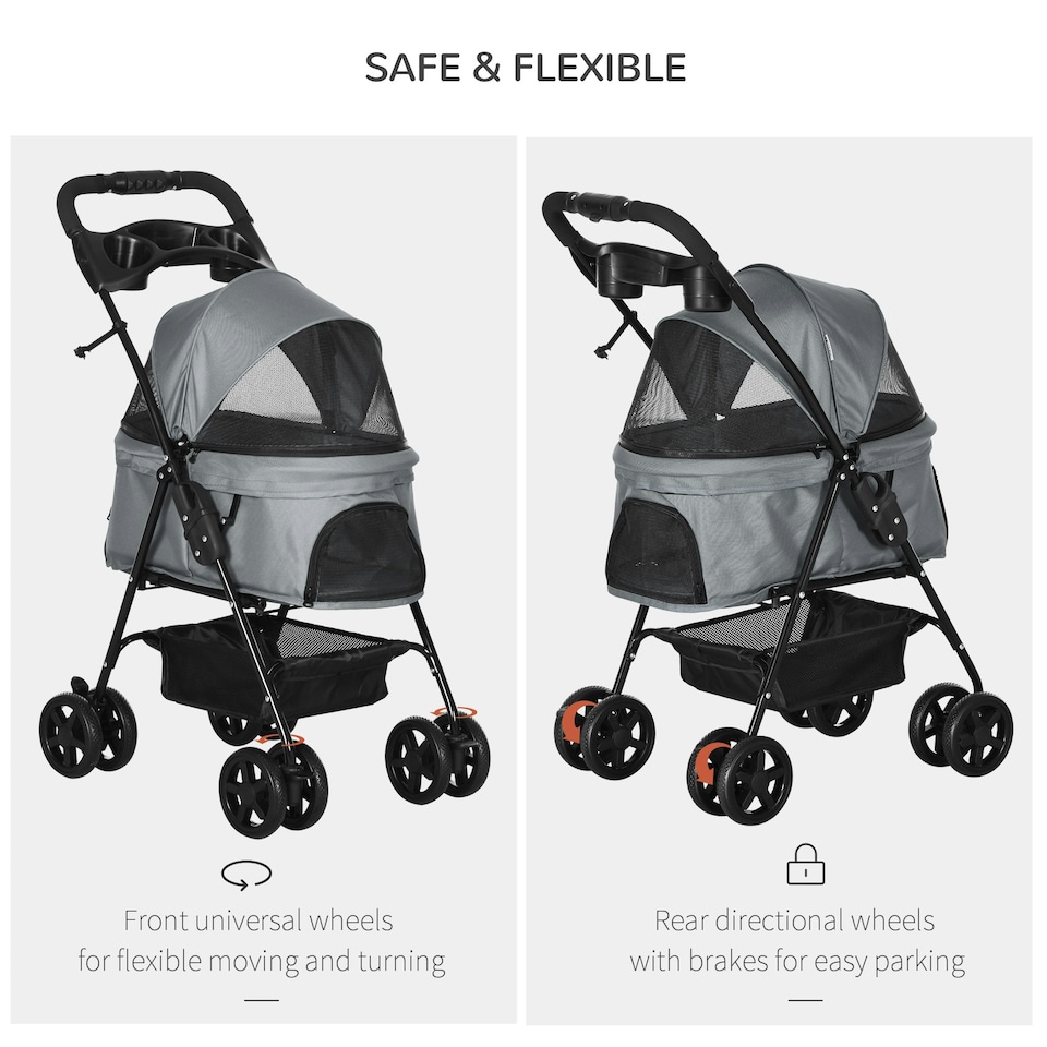image 1 of PawHut Pet Stroller Foldable Travel Carriage w/ Brake Basket Canopy, Grey