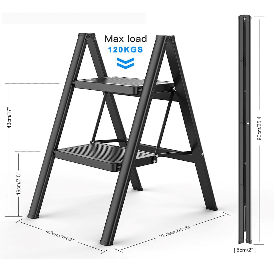 image 1 of Gr8 Home 2 Step Ladder Black Folding Stool Non Slip Heavy Duty Carbon Steel Lightweight