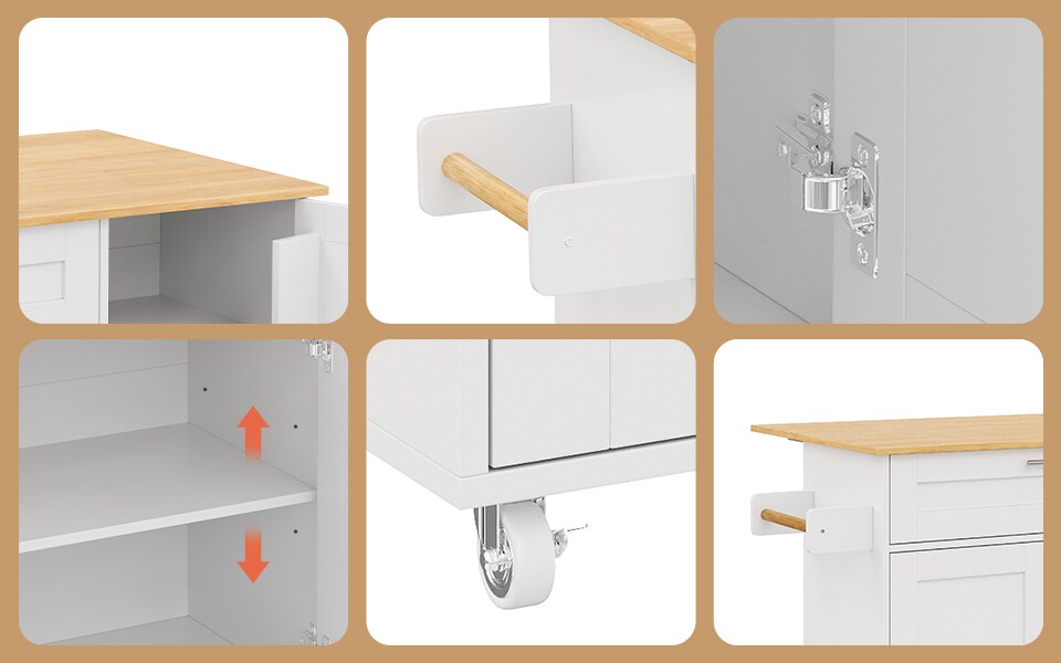 image 1 of VILUXE Mobile Kitchen Island with Foldable Worktop, Drawer, Adjustable Cabinets, 3 Door Spice Racks, Towel Rail and 5 Wheels, White and Natural Wood