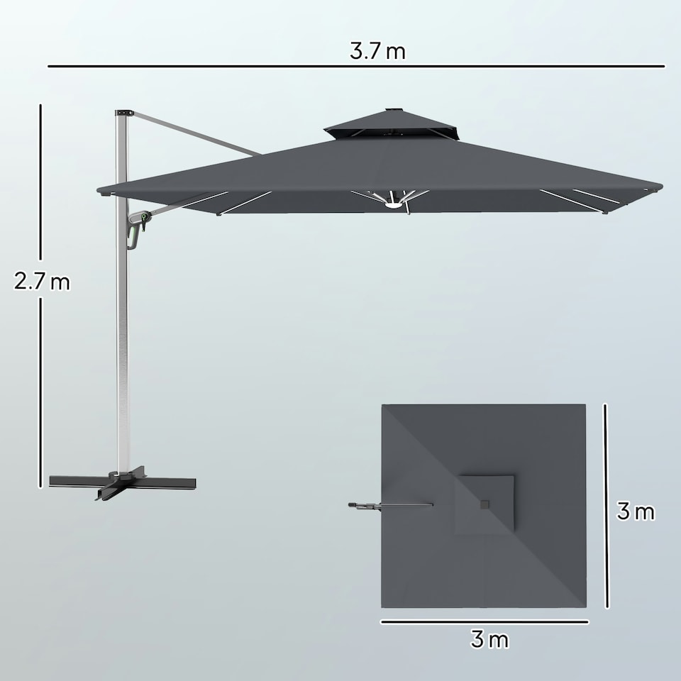 image 1 of Outsunny Garden Cantilever Parasol, Patio Umbrella w/ Solar LED Lights, Grey Grey | Grey