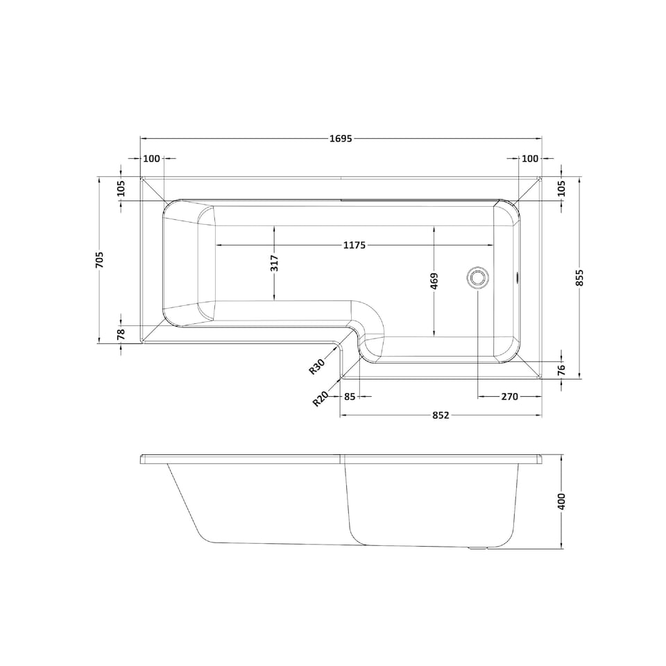 image 1 of 1700mm Right Hand L Shape Bathtub, Front Panel with Bath Screen - Chrome Profile White