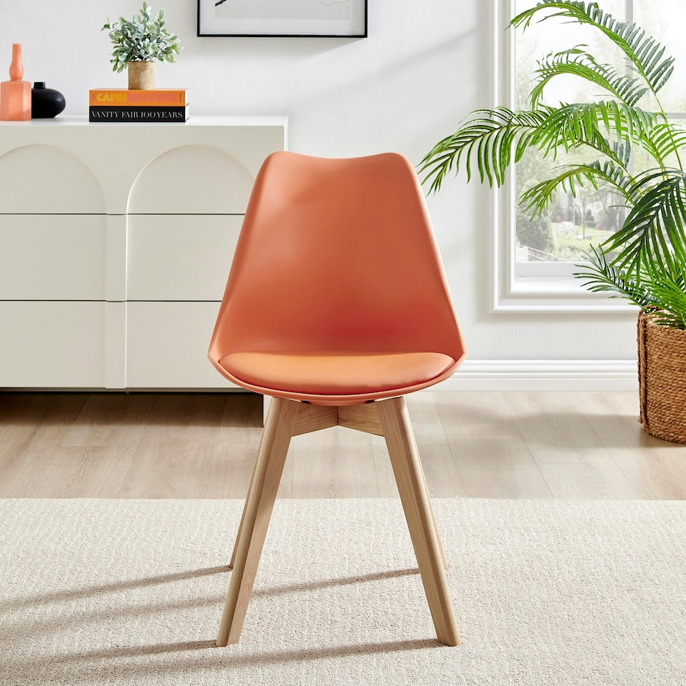 image 1 of Furniturebox 2x Stockholm Scandi Orange Faux Leather and Wood Dining Chairs