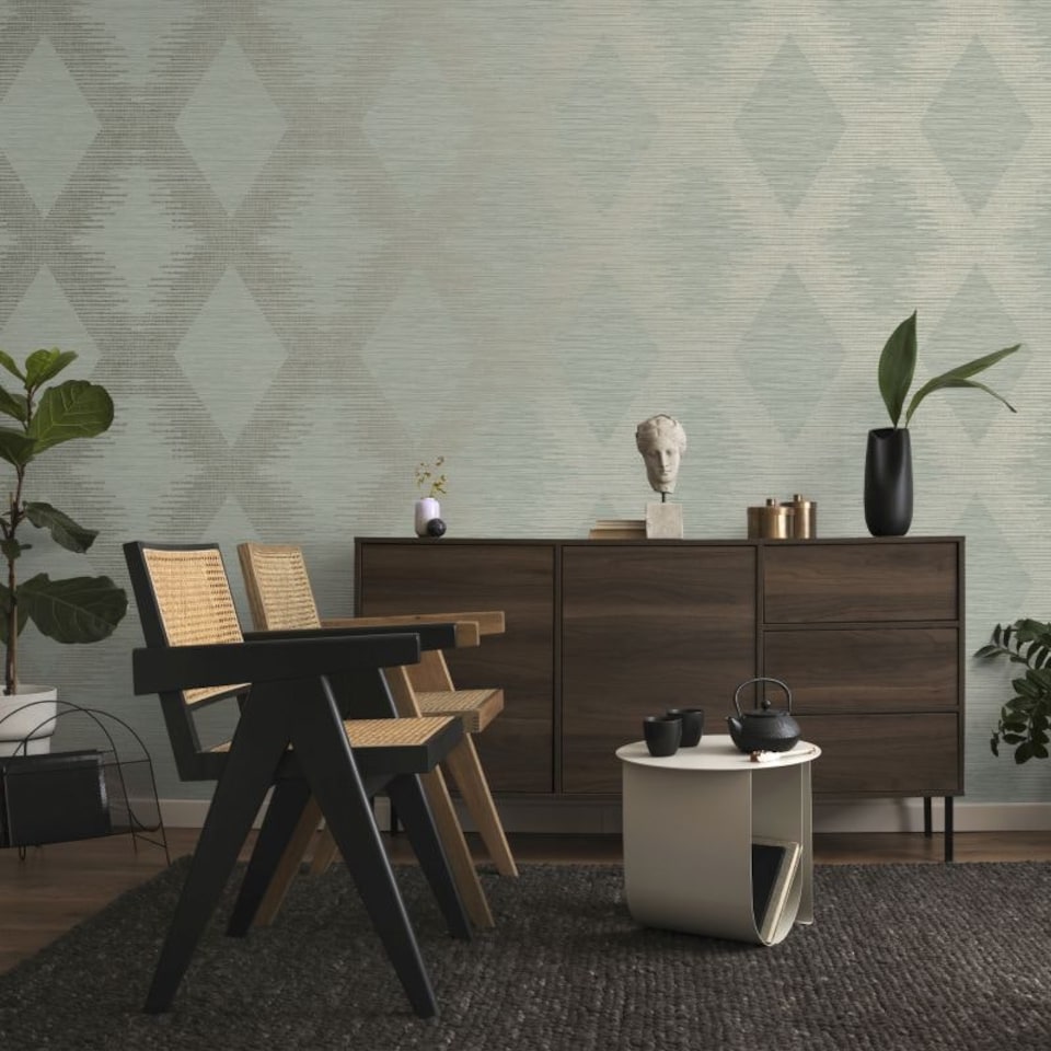 image 1 of Superfresco Easy Serenity Geo Sage Wallpaper | Green | Gold | 10m Length x 52cm Width