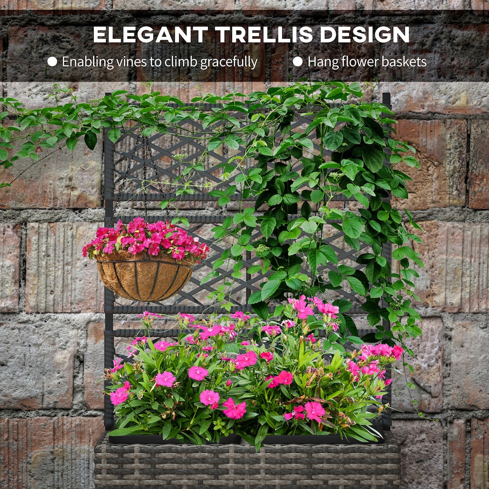 image 1 of Outsunny Garden PE Rattan Planter Box  Trellis Flower Raised Bed, 57x30x107cm