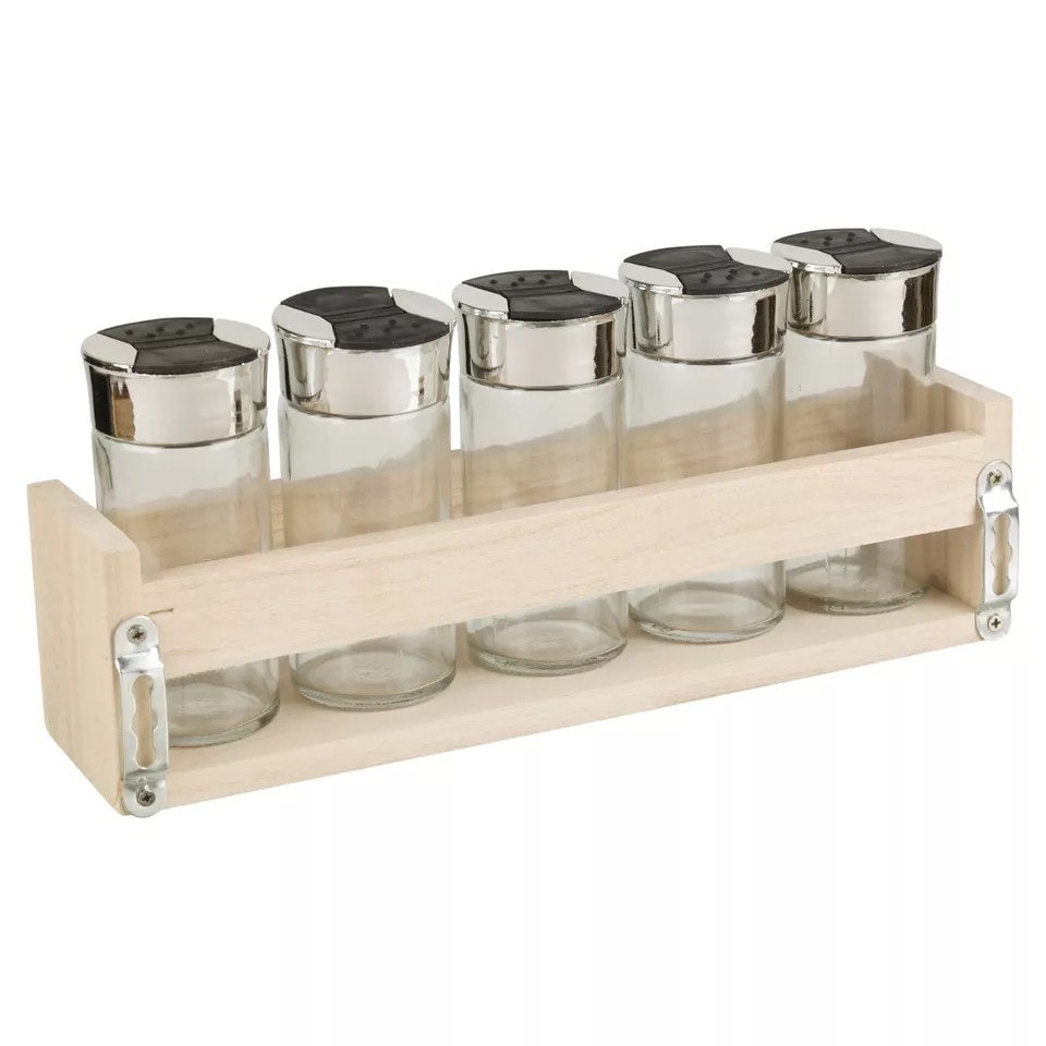 image 1 of 6-Pc Spice Herb Glass Jars with Wooden Wall Rack