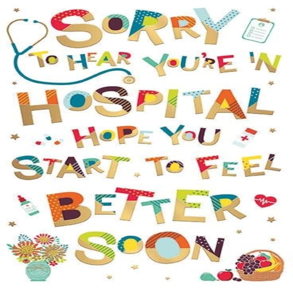 Words 'n' Wishes Traditional Sorry to hear you're in Hospital - Get Well Soon Card, Gold Foil Finish, Made in the UK, After Operation