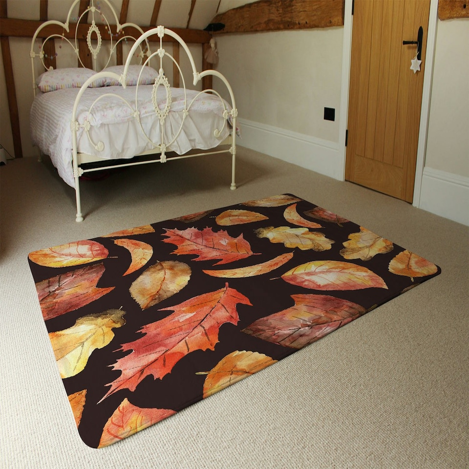 image 1 of Autumn Leaves on Black (Rug) Orange | Small: 60x110cm