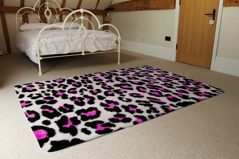image 1 of Pink Fluffy Leopard Rug | Multi