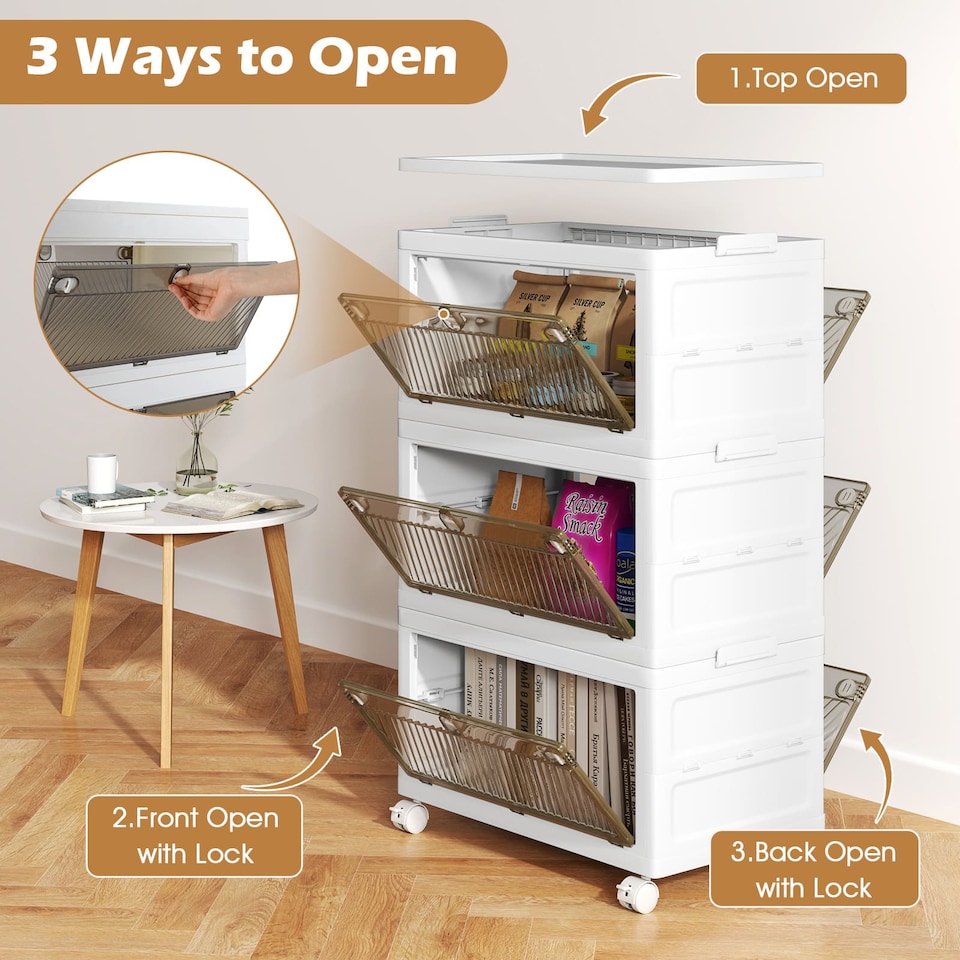 image 1 of COSTWAY 3-Tier Stackable Storage Bins Bedroom Collapsible Storage Boxes-White