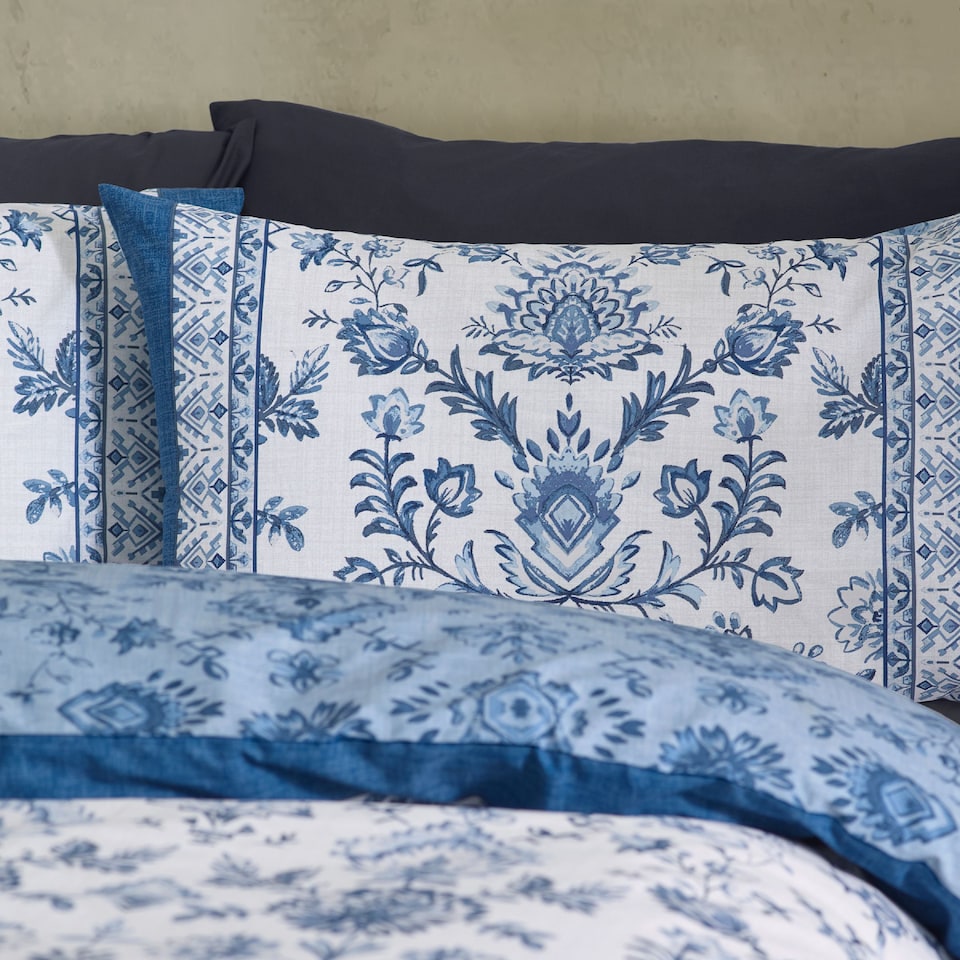 image 1 of Catherine Lansfield Zoukara Floral Reversible Duvet Cover Set | Blue | Double