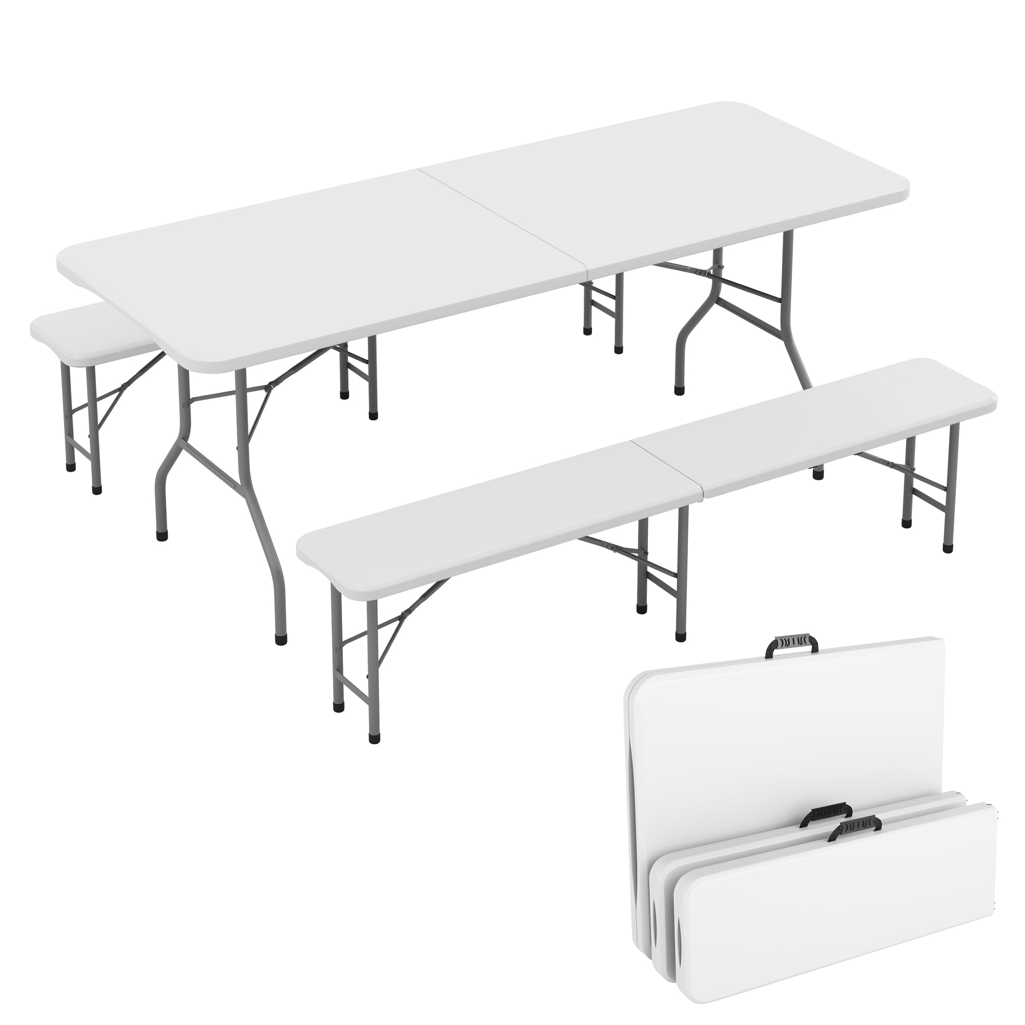 6ft Folding Table and benches heavy duty Indoor and Outdoor use Garden Camping Event Table White | White | White